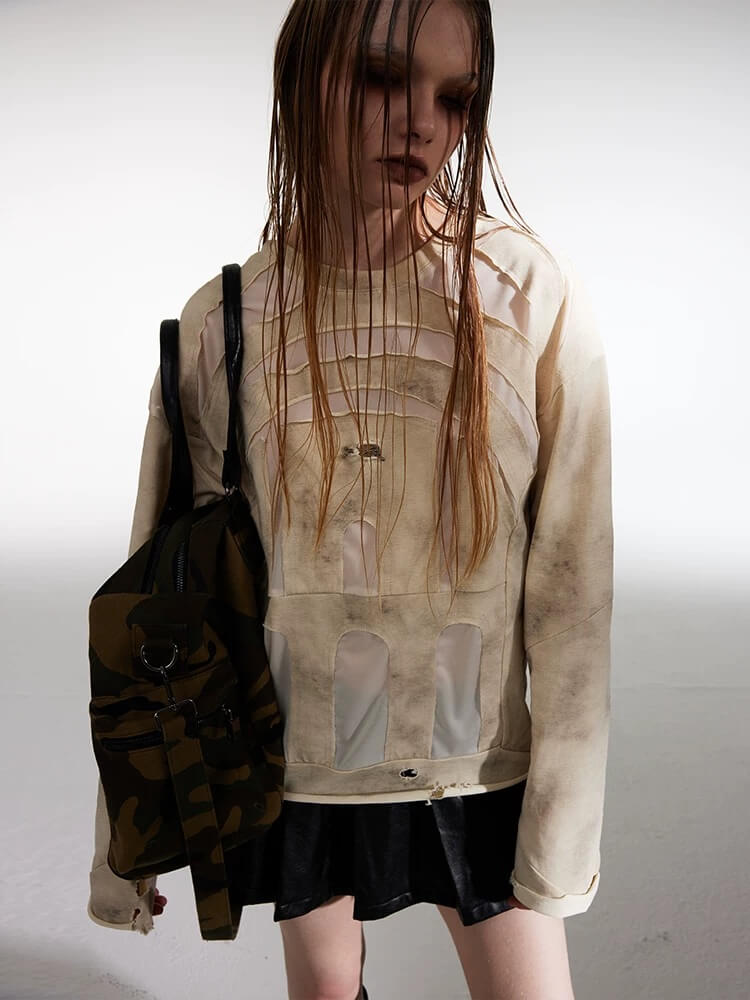 Night Lab Church Patchwork Sheer Distressed Long Sleeve Tee