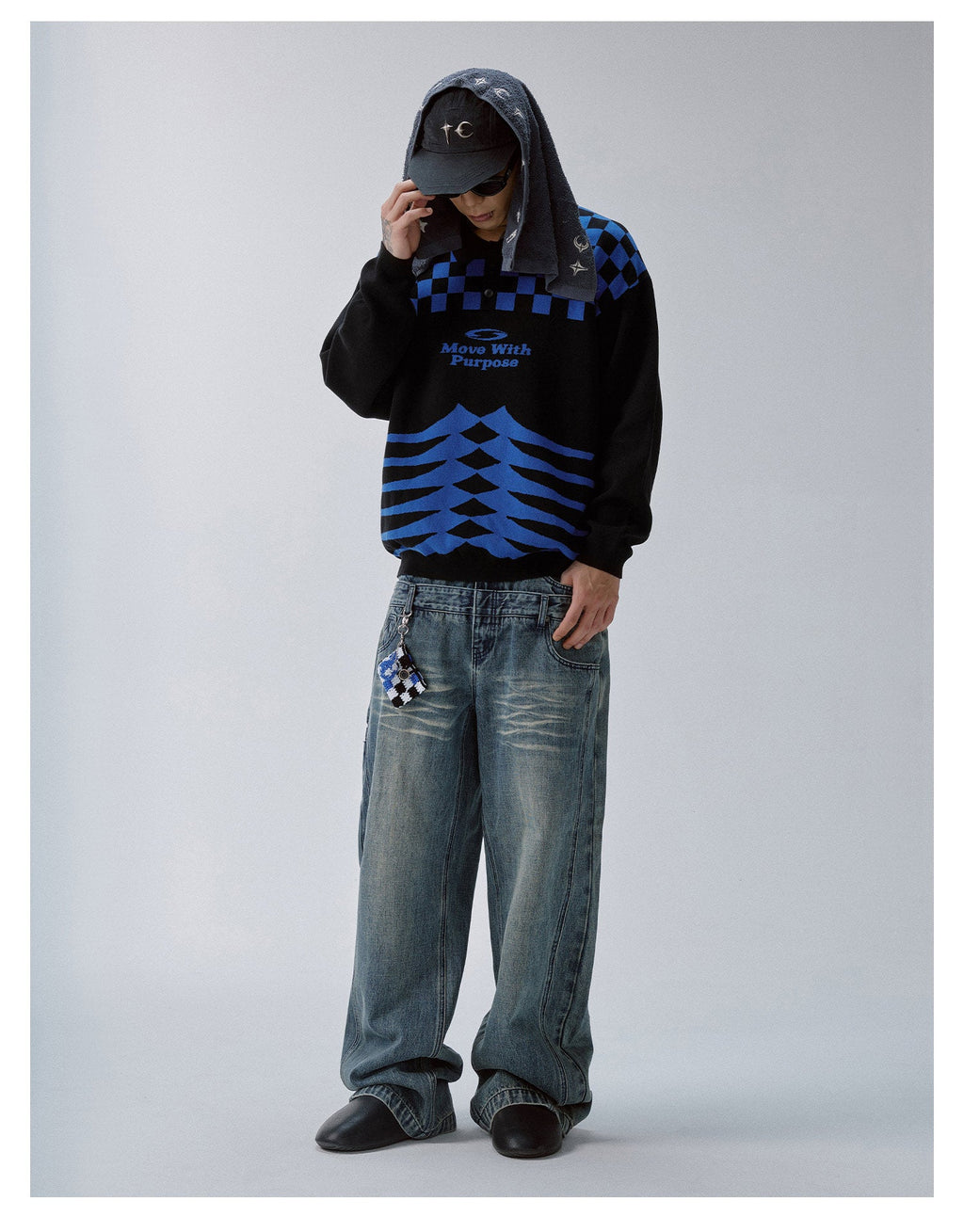 F2CE Checkerboard Pattern Polo Knit Sweater
