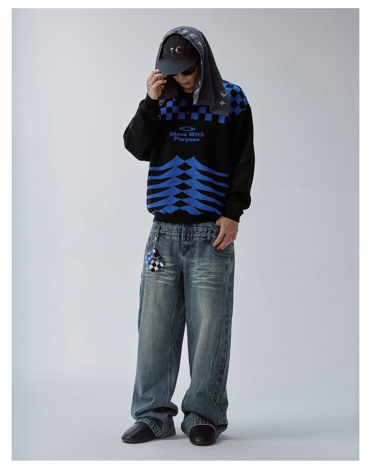 F2CE Checkerboard Pattern Polo Knit Sweater