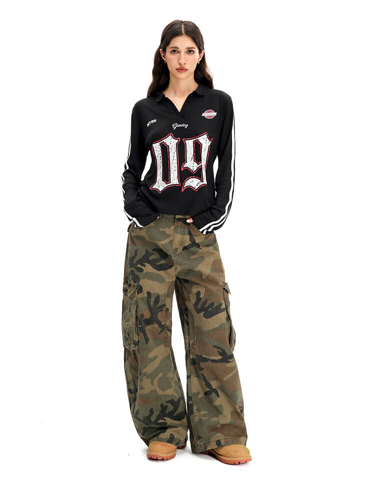 F3F Select Numbering Stripe Sleeve Mesh Long Sleeve Polo Jersey