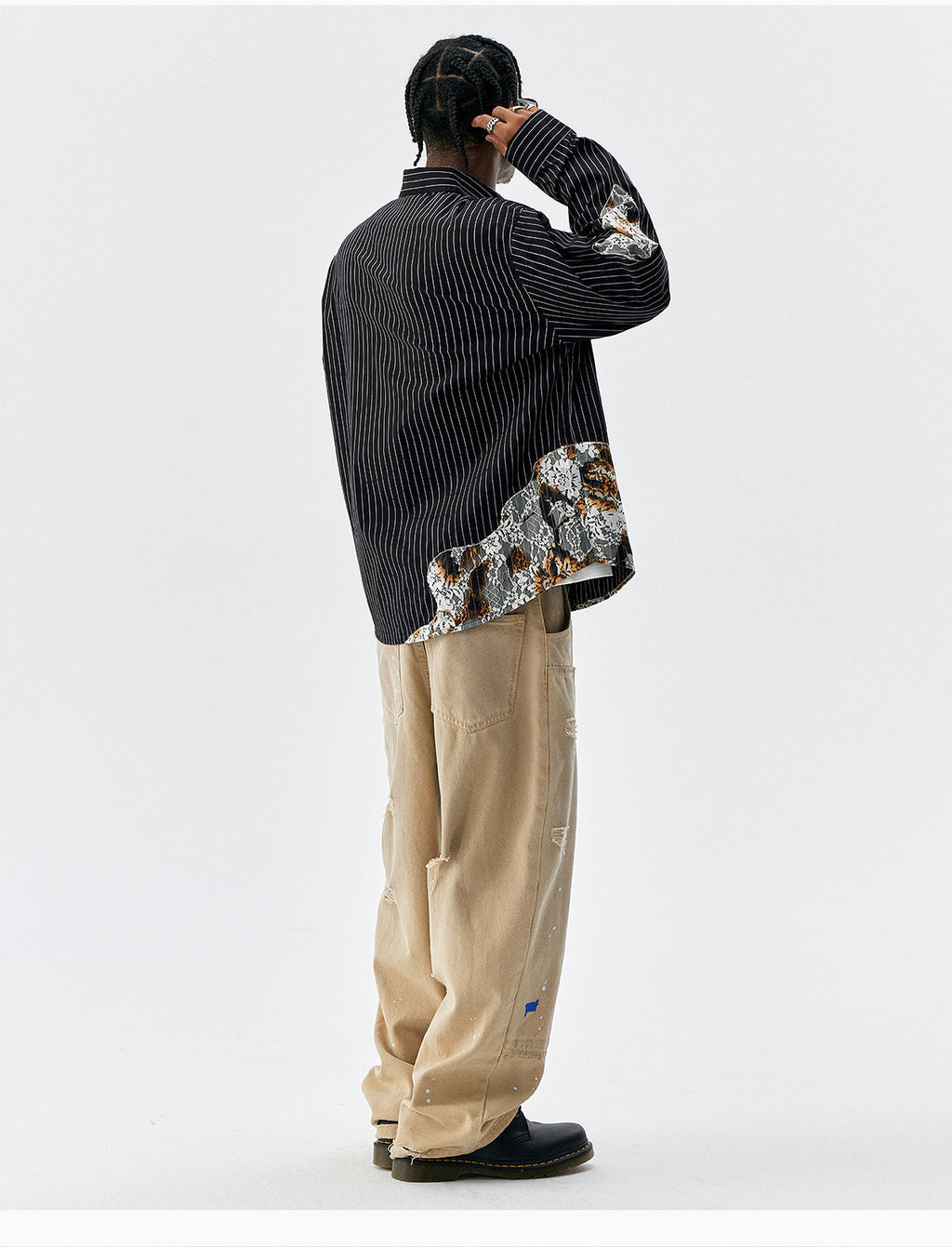 MEDM Lace Embroidered Striped Long Sleeve Shirt