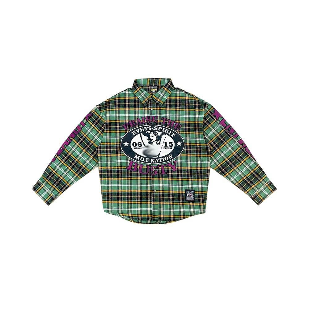 EVETS Plaid Color Block Graphic Long Sleeve Shirt
