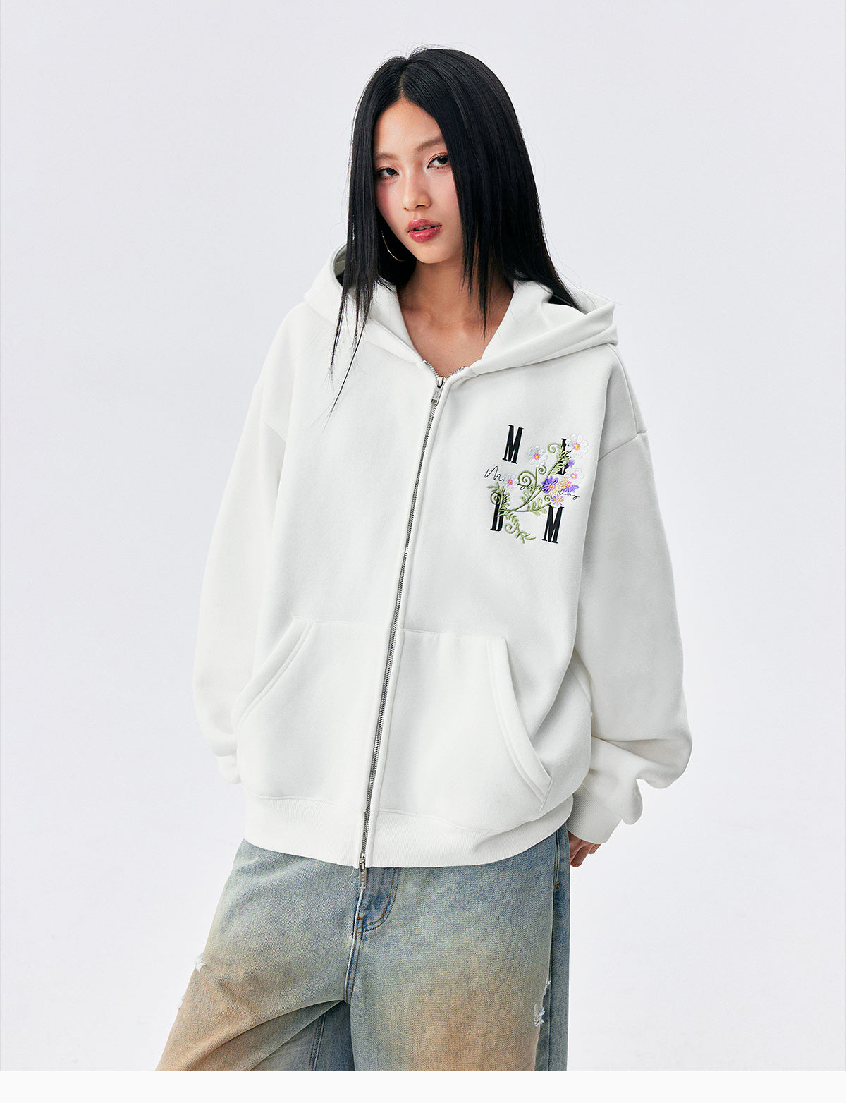 MEDM Floral Logo Embroidered Zip Up Hoodie