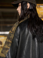 BLIND NO PLAN Camouflage Raw Edge Patchwork Leather Shirt