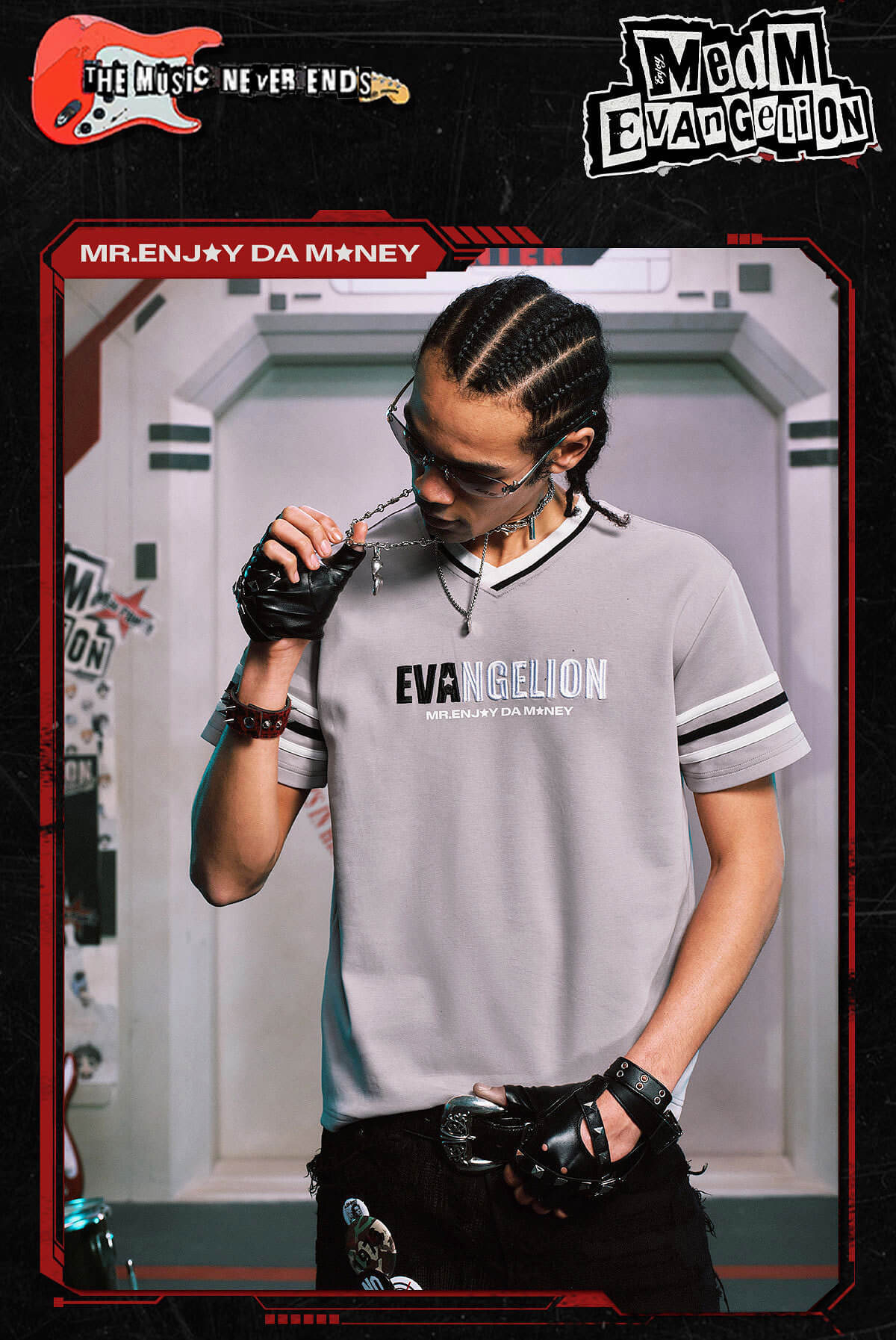 MEDM x EVA NEVER END Character Sketch Print Name Embroidered V Neck Tee