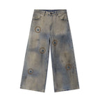 JHYQ Blue Beaded Studded Curved Seam Machete Jeans