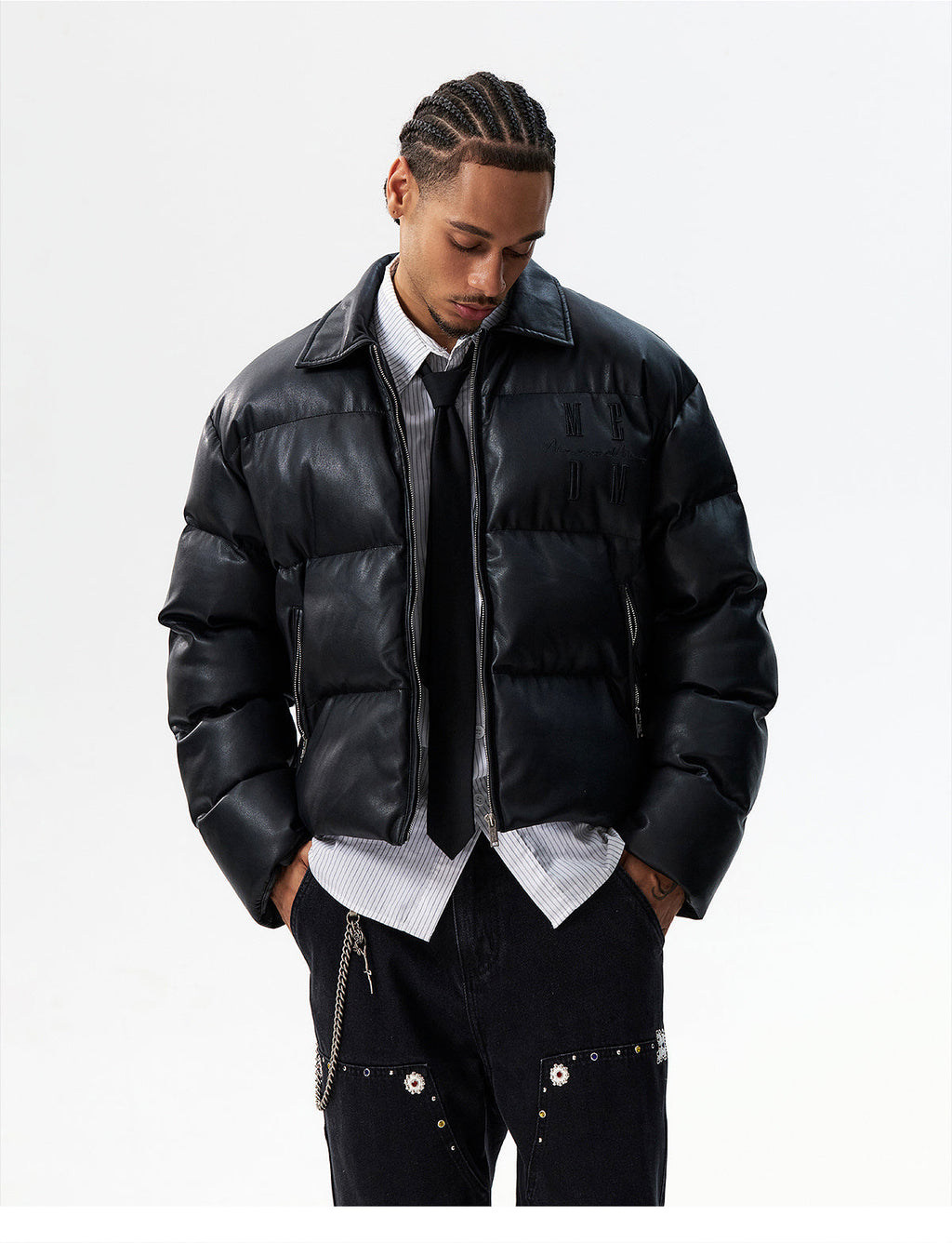 MEDM PU Leather 3D Embroidered Puffer Jacket