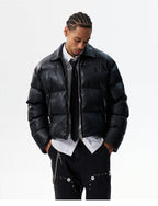 MEDM PU Leather 3D Embroidered Puffer Jacket