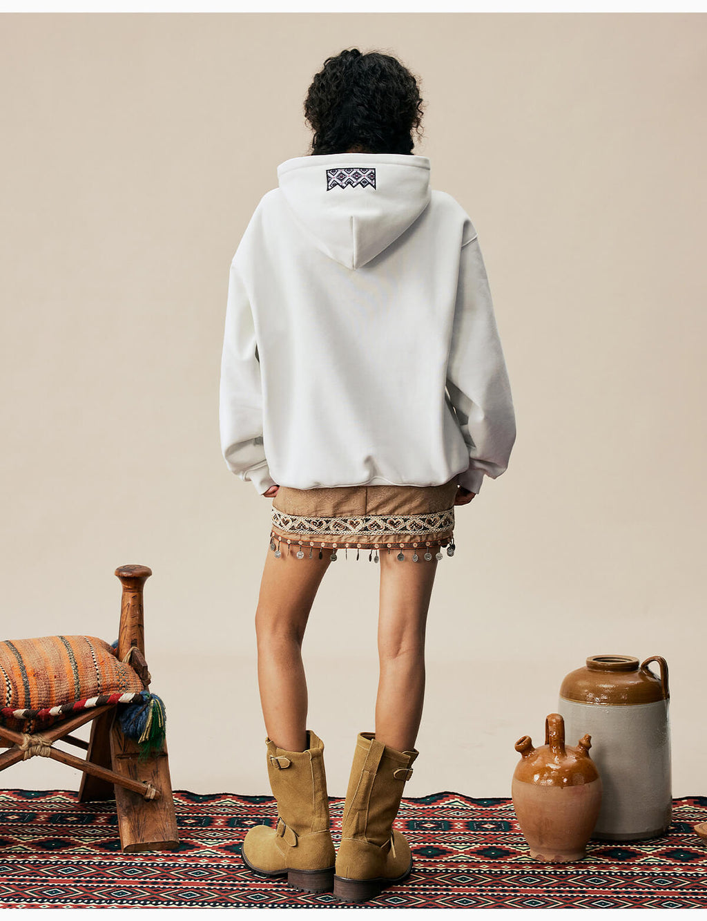 MEDM Ethnic Embroidered Patch Pearl Oversized Hoodie