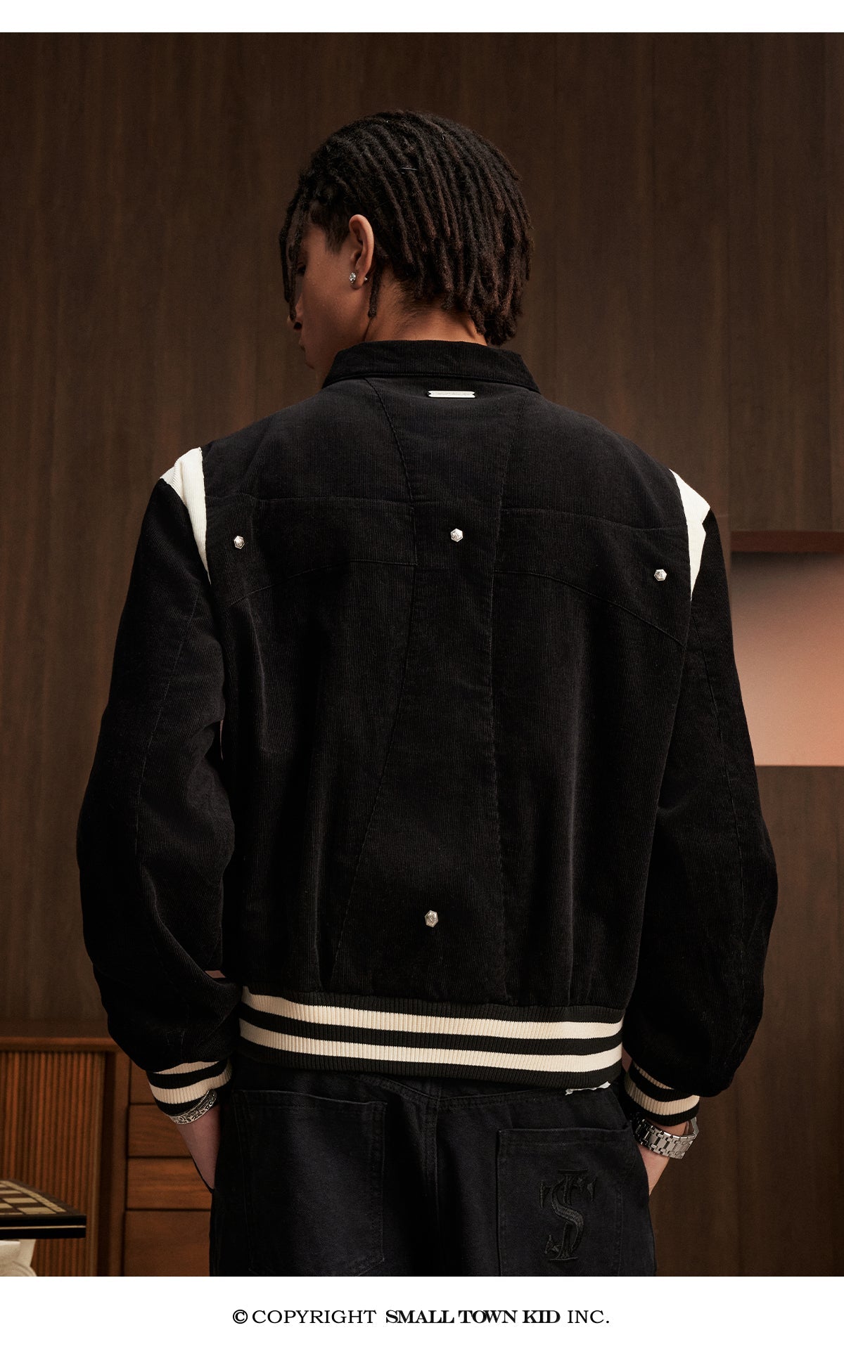 Small Town Kid Rivet Cross stitching Patch Corduroy Varsity Jacket