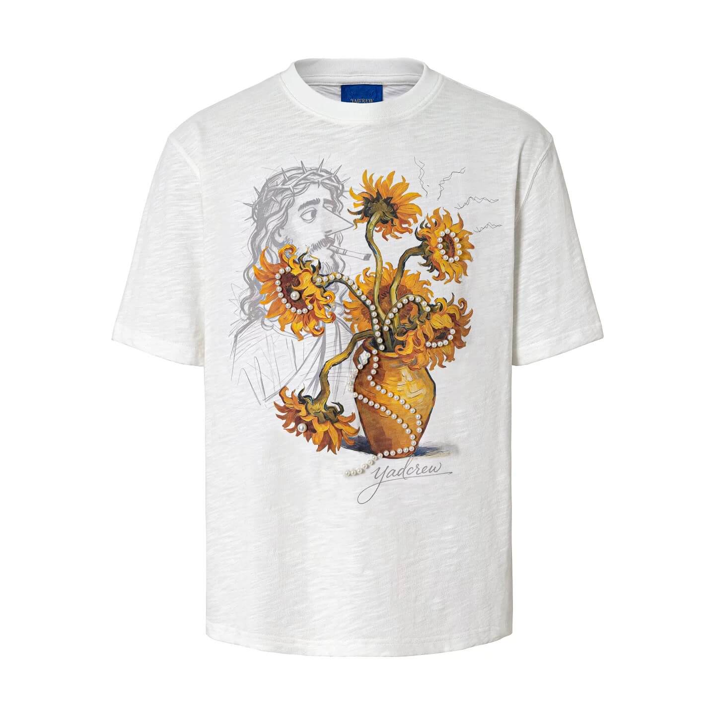 YADcrew Sunflower Jesus Print Pearl Embellished Tee