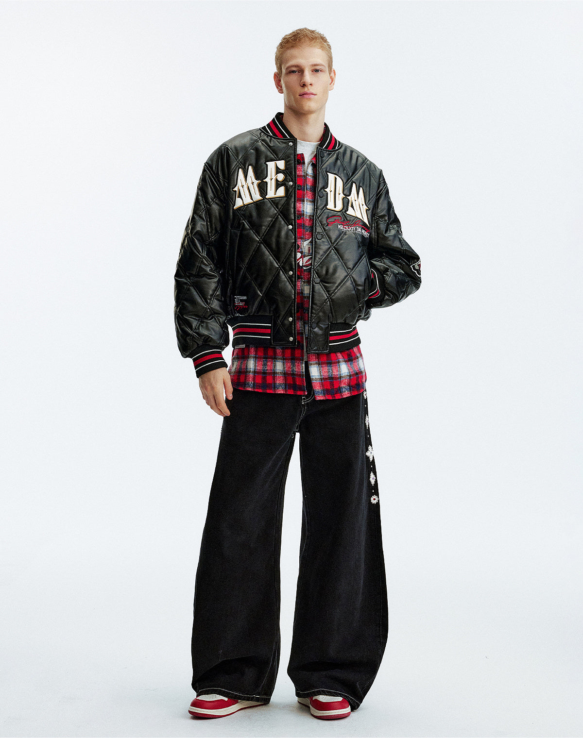 MEDM Diamond Quilted PU Leather Varsity Jacket