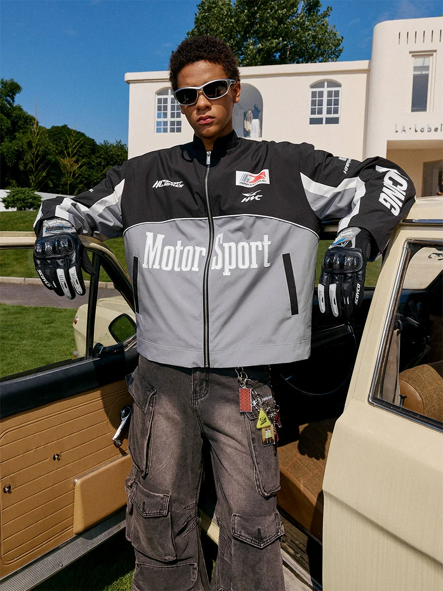 Harsh and Cruel Stand Collar Patch Leather Embroidered Racing Jacket