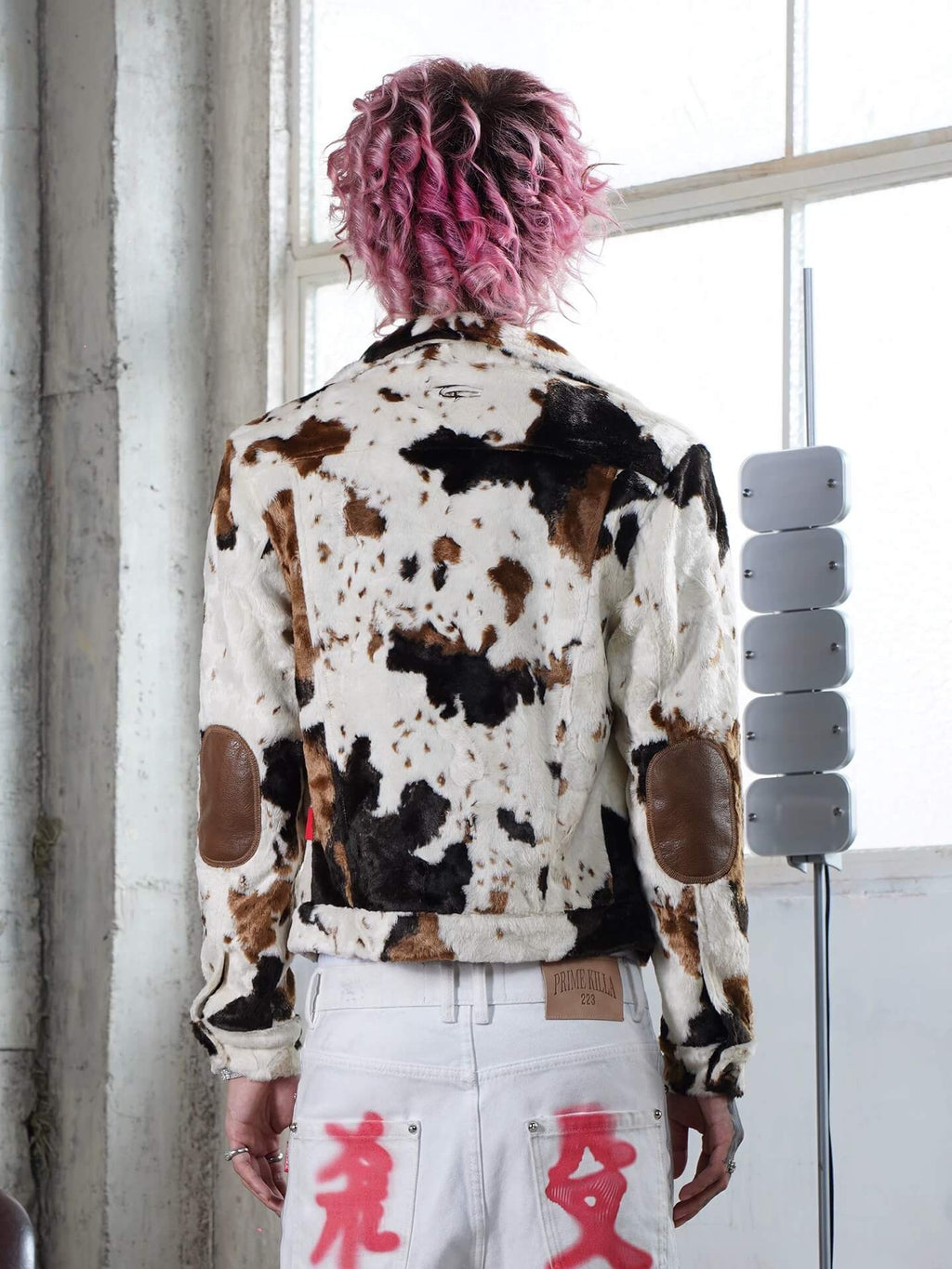 TGFCLUB Cow Print Faux Fur Leather Slim Fit Jacket