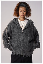 Remedy Distressed Hooded Zipper Knit Cardigan