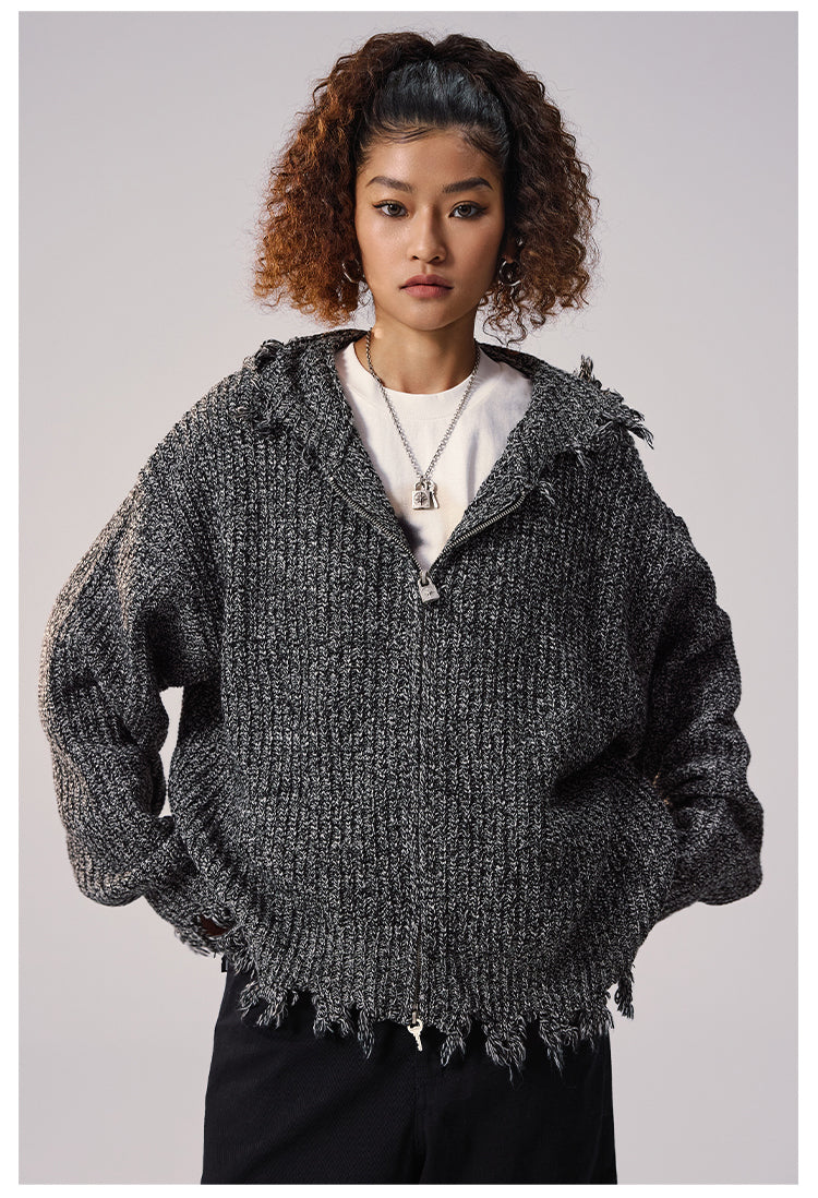 Remedy Distressed Hooded Zipper Knit Cardigan