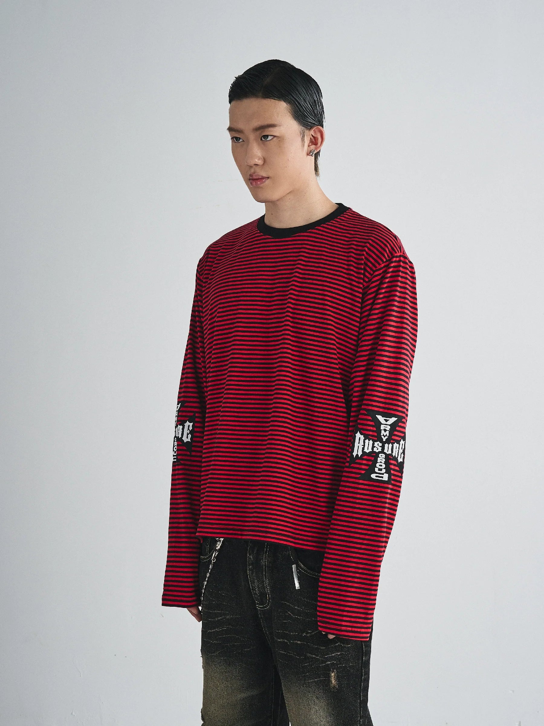 RUSURE Striped Cross Logo Print Long Sleeve Tee