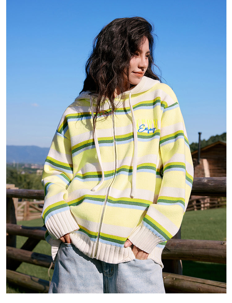 MEDM Colorful Stripes Zip-Up Knit Hoodie