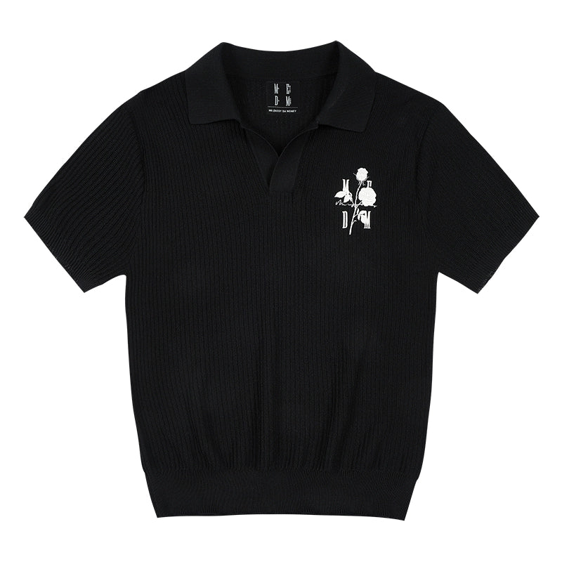 MEDM Rose Embroidered Textured Stripe Knit Polo
