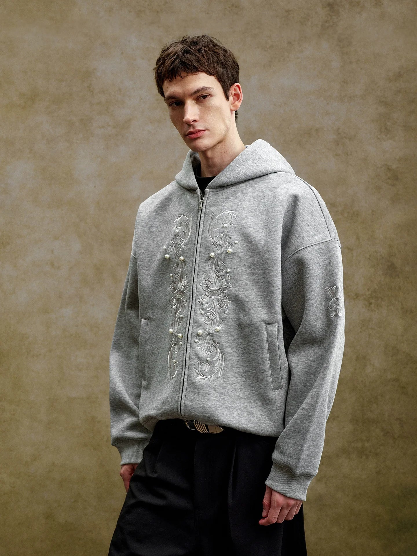 YADcrew Pearl Embroidery Zip Up Hoodie