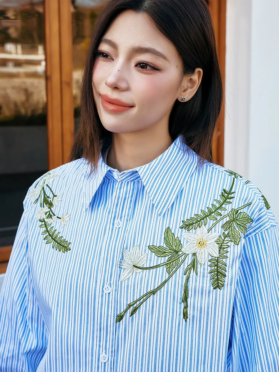 Harsh and Cruel Striped Floral Embroidered Long Sleeve Shirt