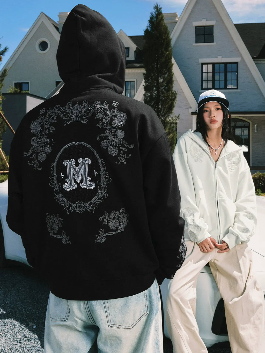 MEDM Patterned Flower Embroidered Zip Up Hoodie