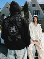 MEDM Patterned Flower Embroidered Zip Up Hoodie