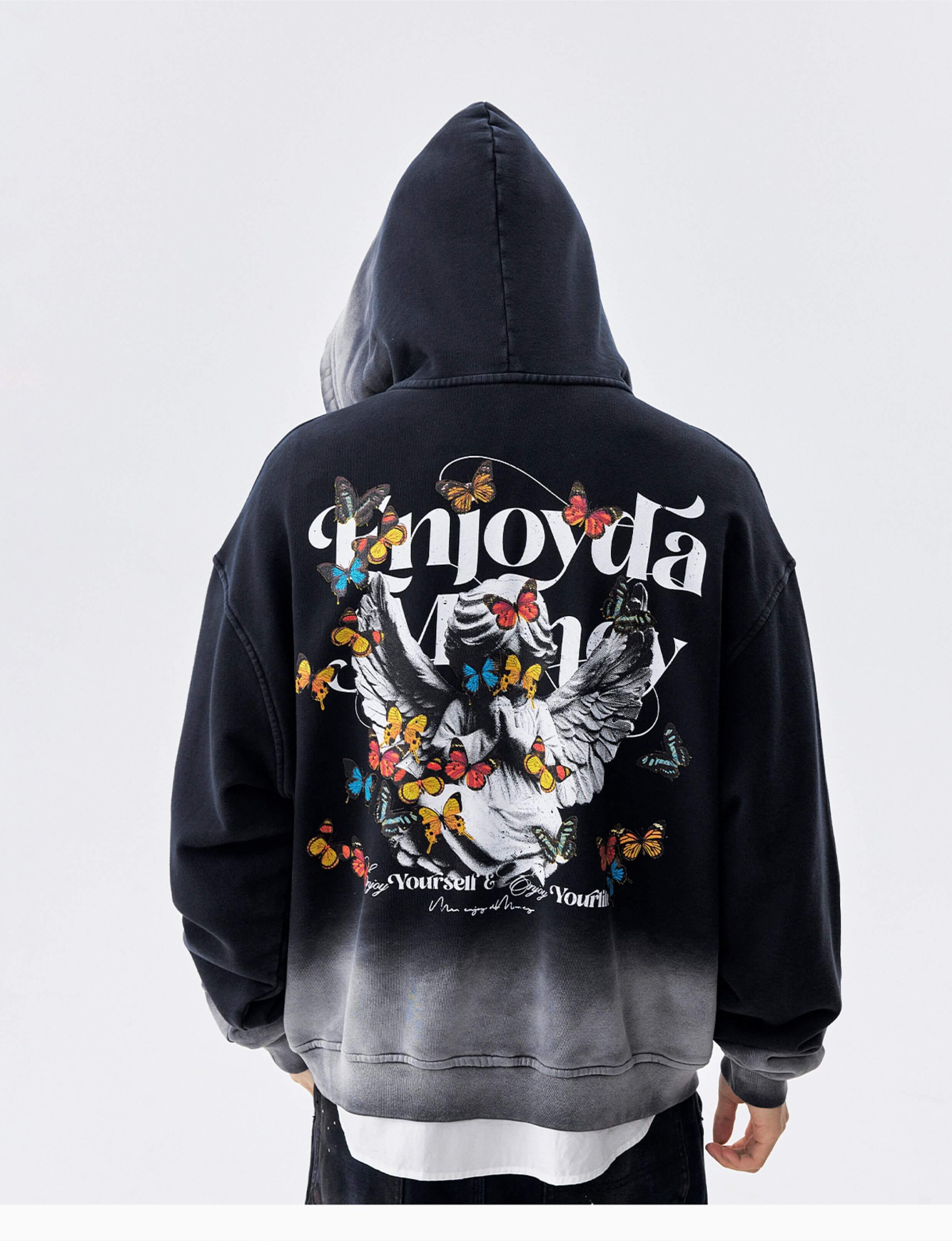 MEDM Washed Angel Butterfly Print Zip Up Hoodie