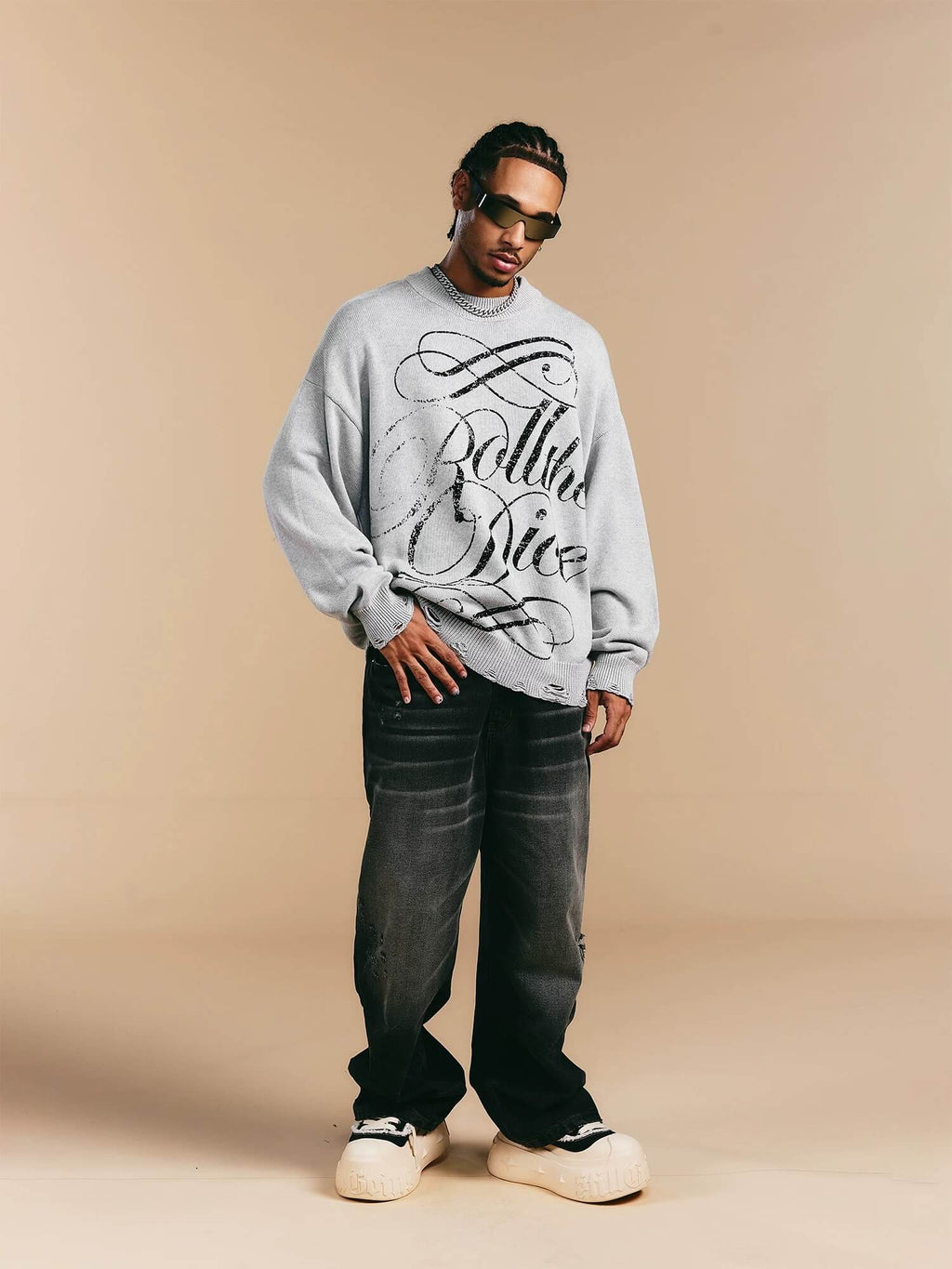 1807 ROLLTHEDICE Vintage Printed Distressed Knit Sweater