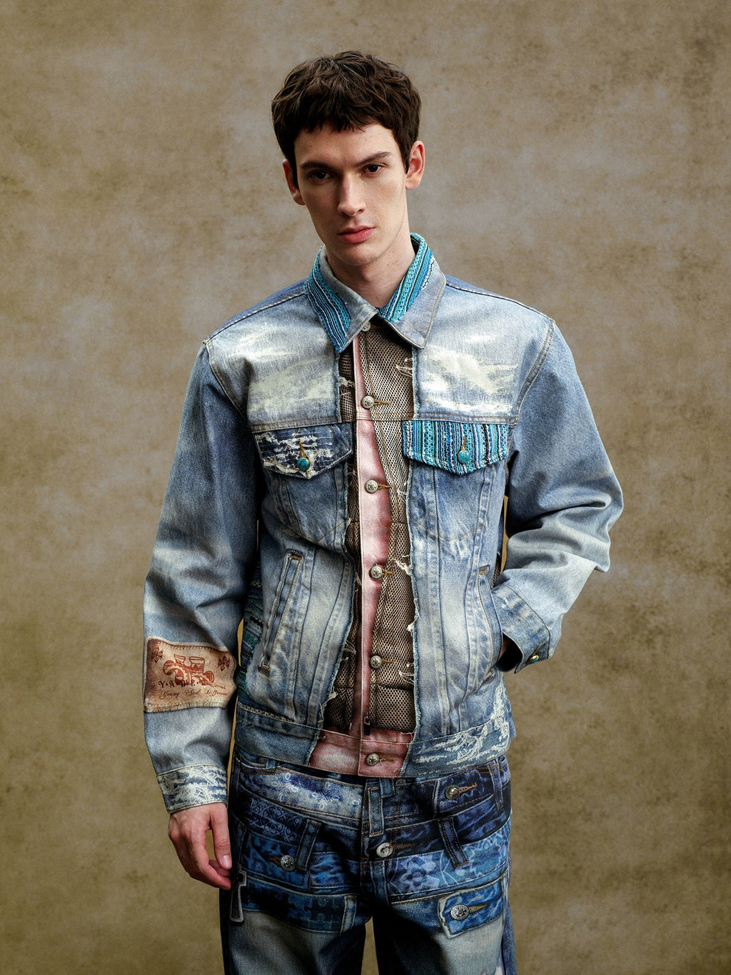 YADcrew Washed Digital Print Denim Jacket