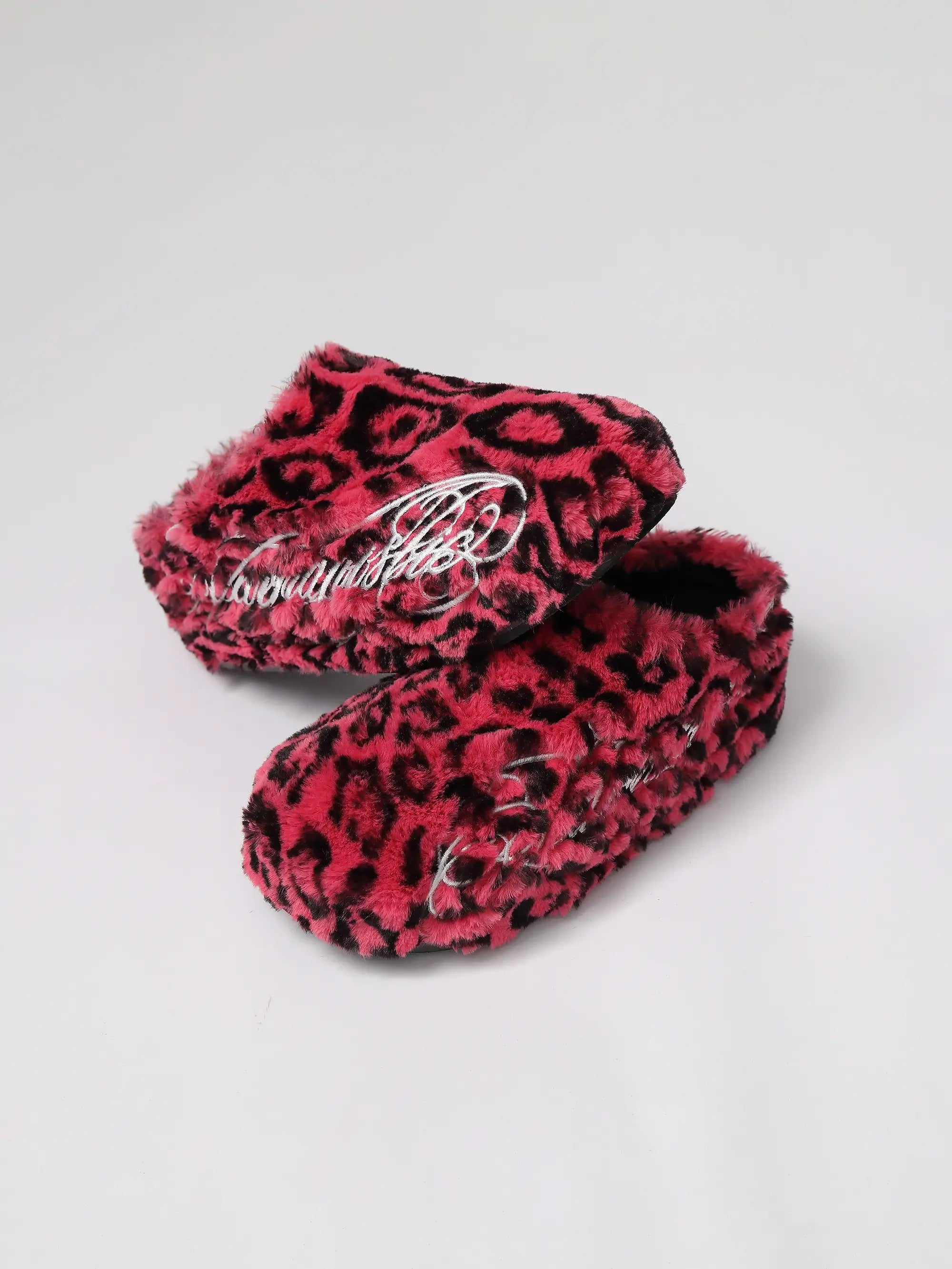 KARMANISTIC Rose White Leopard Fur Embroidered Slipper Clogs