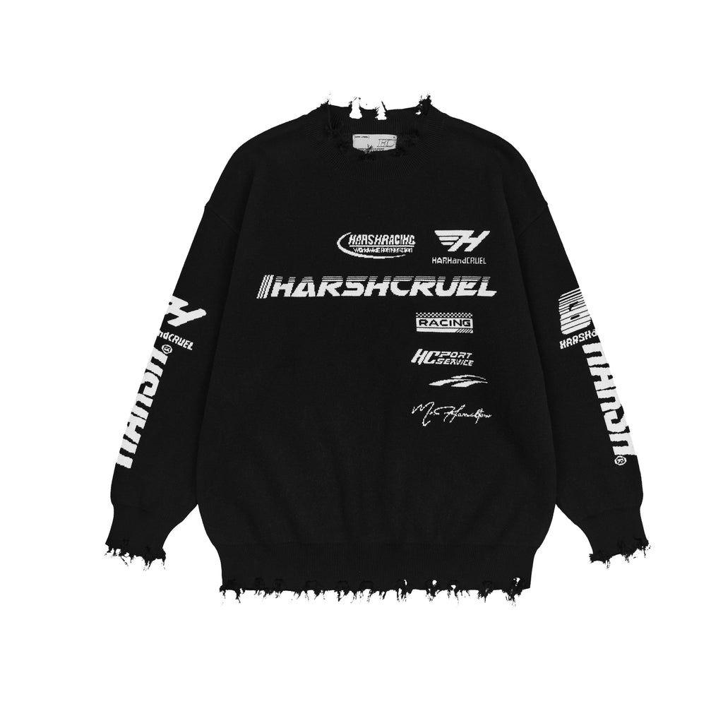 Harsh and Cruel Racing Logo Distressed Knit Sweater