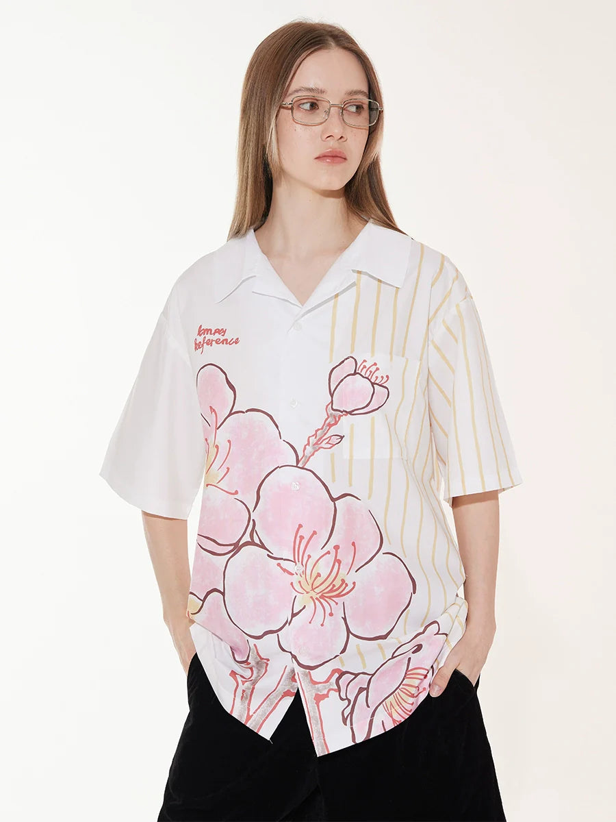 EMPTY REFERENCE Striped Floral Print Short Sleeve Shirt