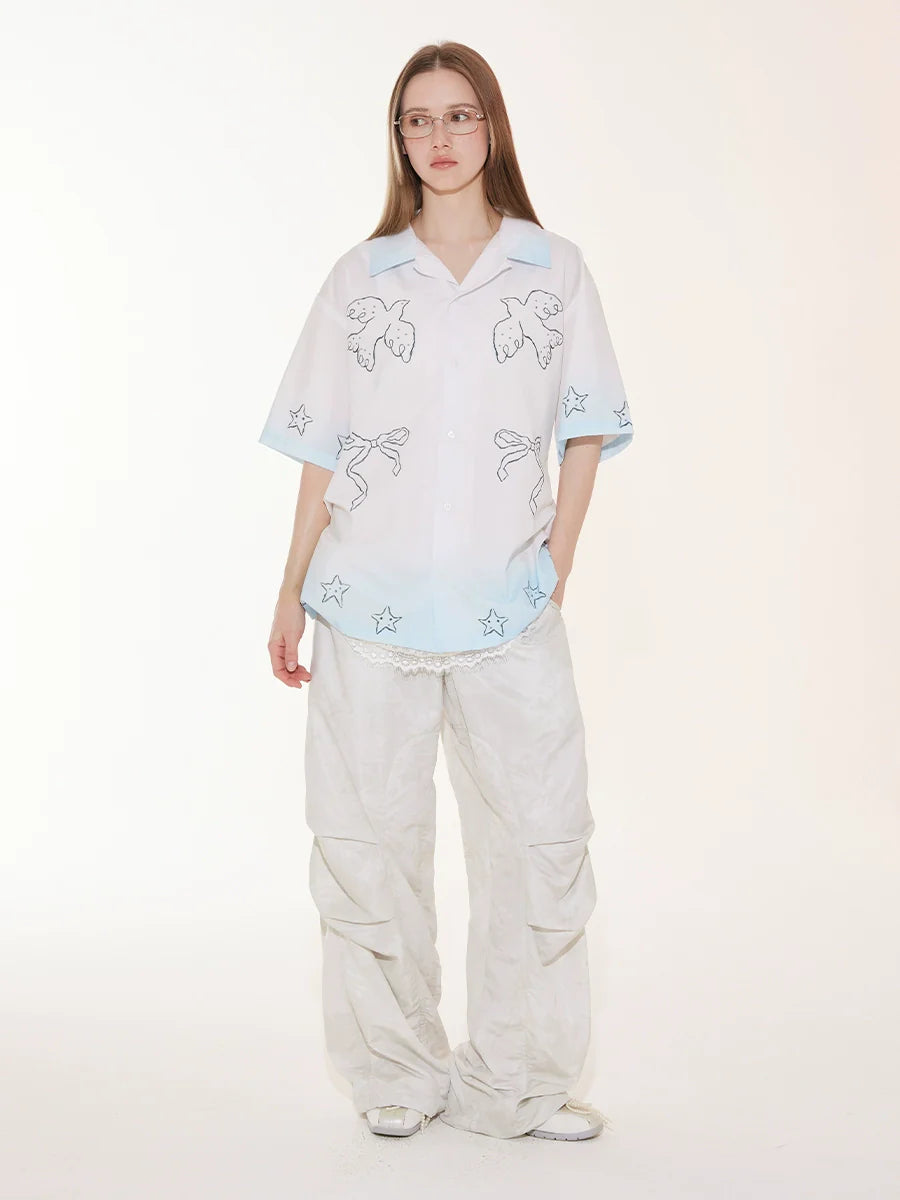 EMPTY REFERENCE Gradient Pigeon Print Short Sleeve Shirt