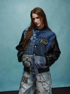YADcrew x MEDM Patchwork Ethnic Pattern Varsity Jacket