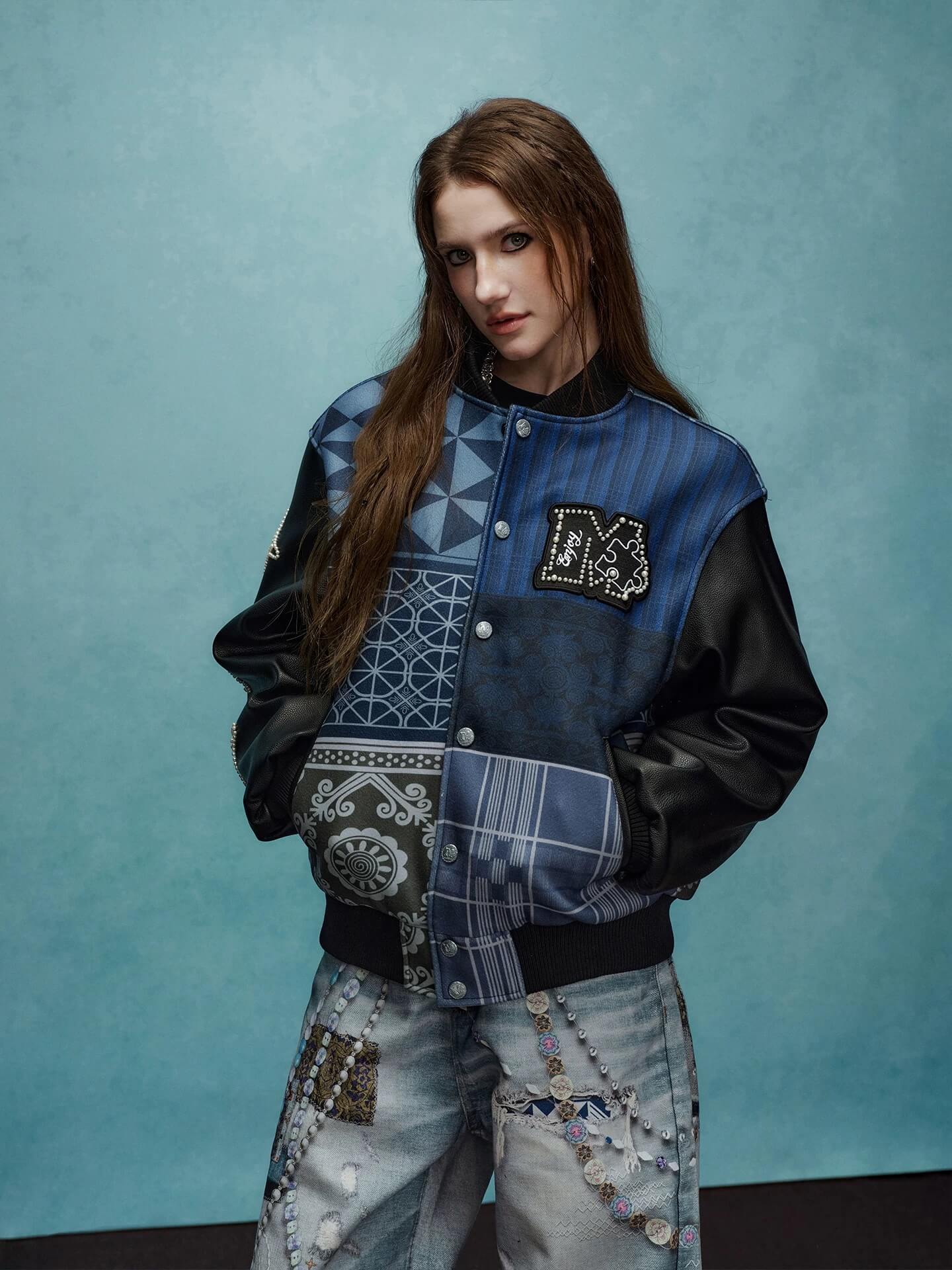 YADcrew x MEDM Patchwork Ethnic Pattern Varsity Jacket