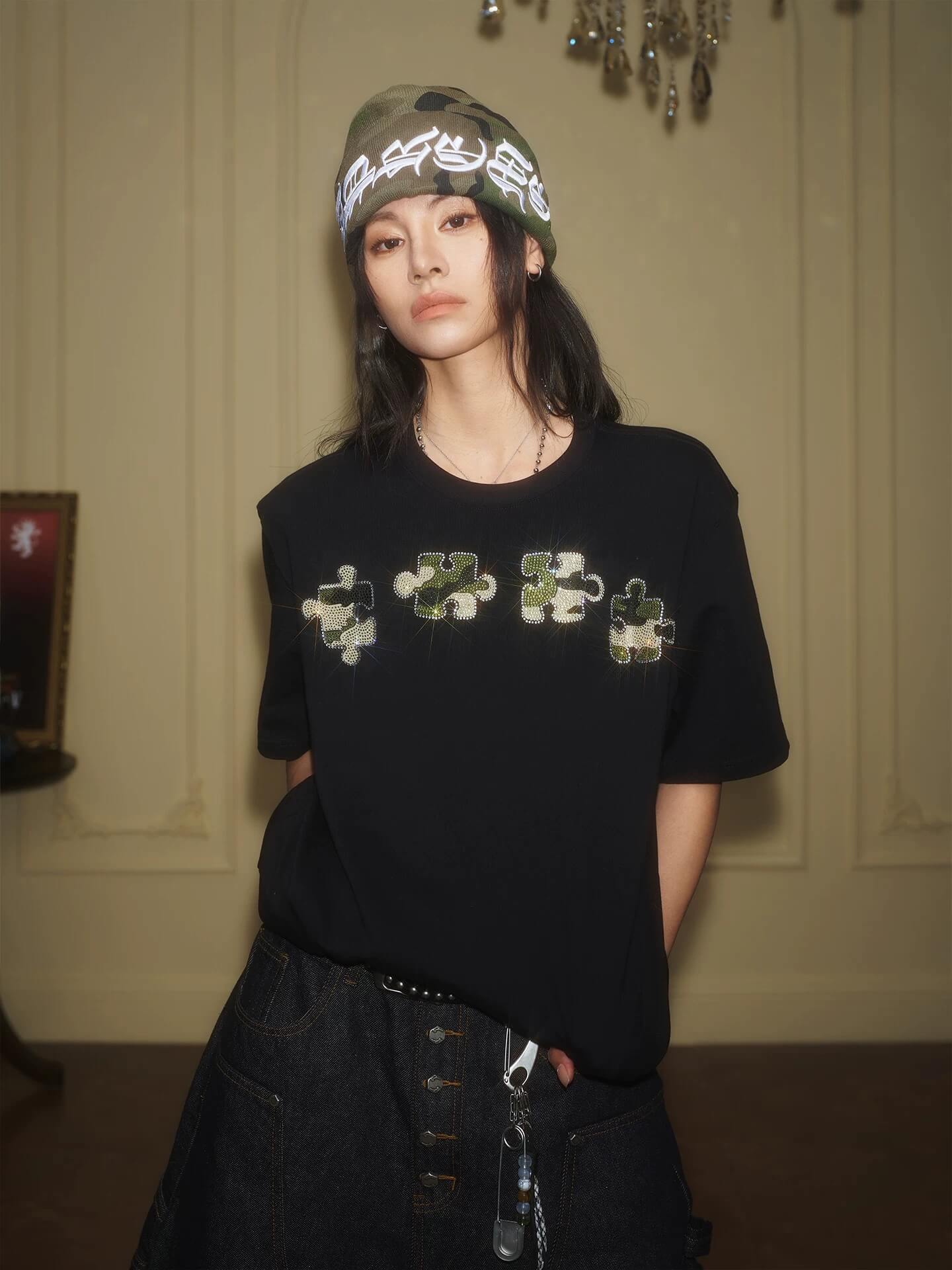 YADcrew Camo Rhinestone Puzzle Tee