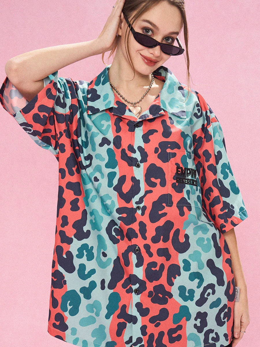 EMPTY REFERENCE Color Clash Leopard Print Short Sleeve Shirt