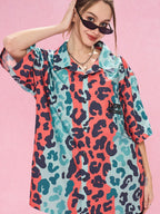 EMPTY REFERENCE Color Clash Leopard Print Short Sleeve Shirt