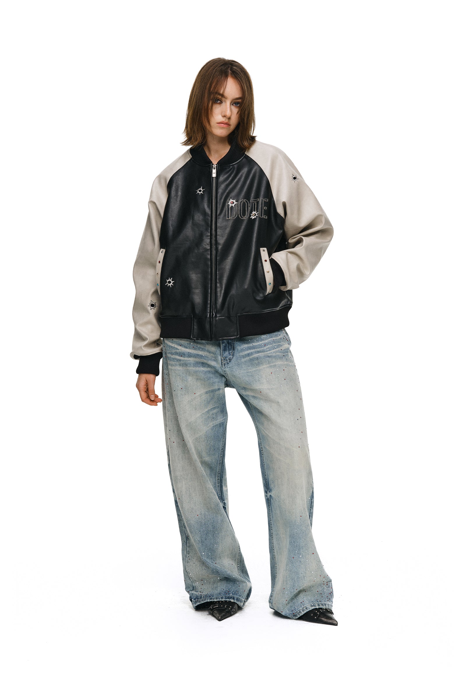 ANTIDOTE Bullseye Color Diamond Studded Leather Baseball Jacket