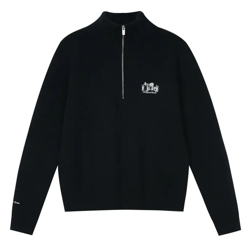 MEDM Rose Embroidered Half Zip Knit Sweater