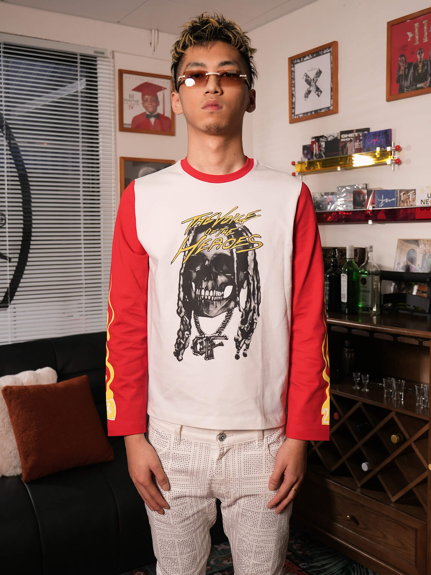 TGFCLUB Skull Print Color Block Slim Fit Long Sleeve Tee