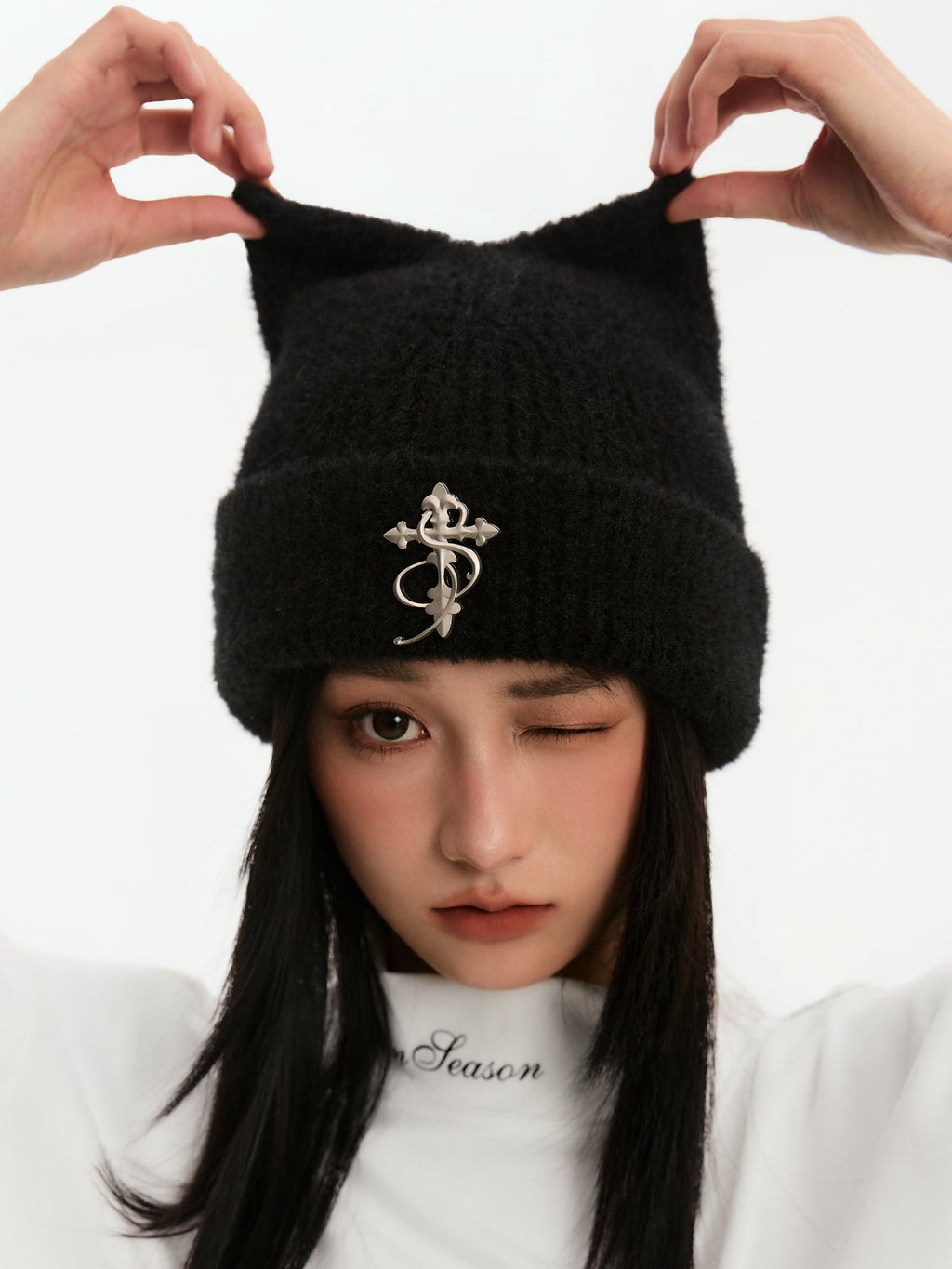Small Town Kid Cat Ears Metal Logo Beanie