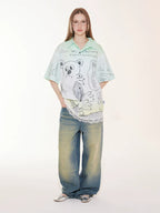 EMPTY REFERENCE Hand Painted Bear Print Gradient Short Sleeve Shirt