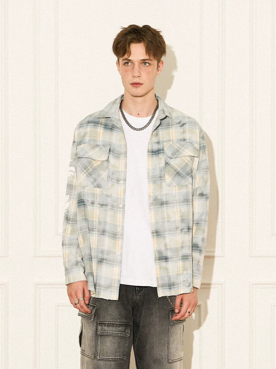 EMPTY REFERENCE Raw Edge Plaid Bubble Print Long Sleeve Shirt