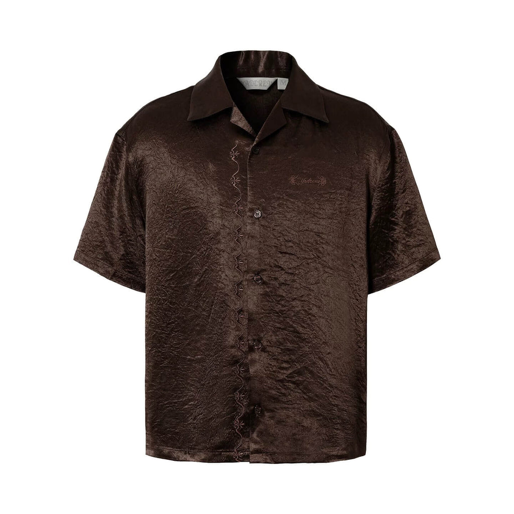 YADcrew Satin Embroidered Cuban Collar Short Sleeve Shirt
