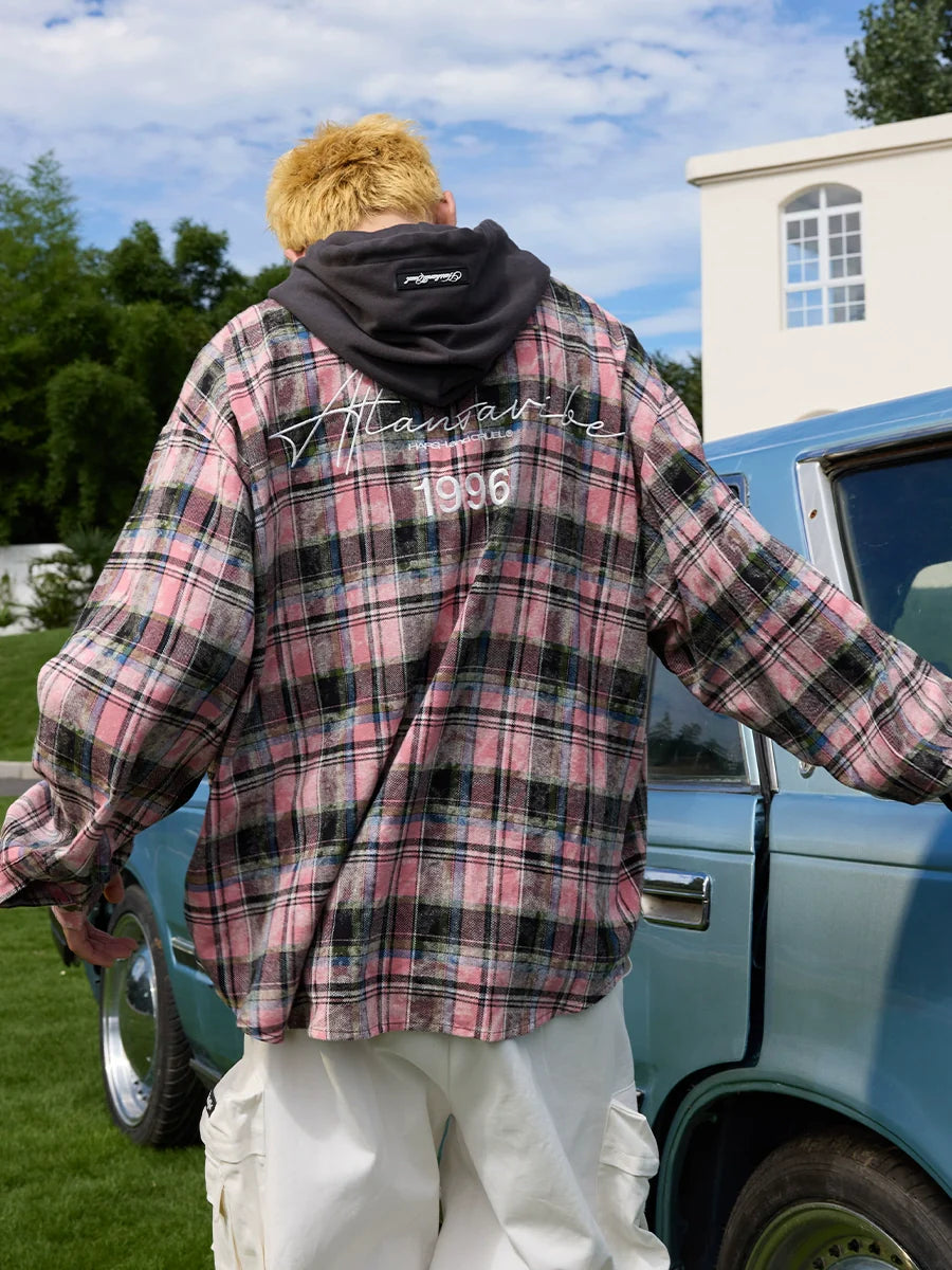 Harsh and Cruel Handwritten Font Hooded Washed Plaid Shirt