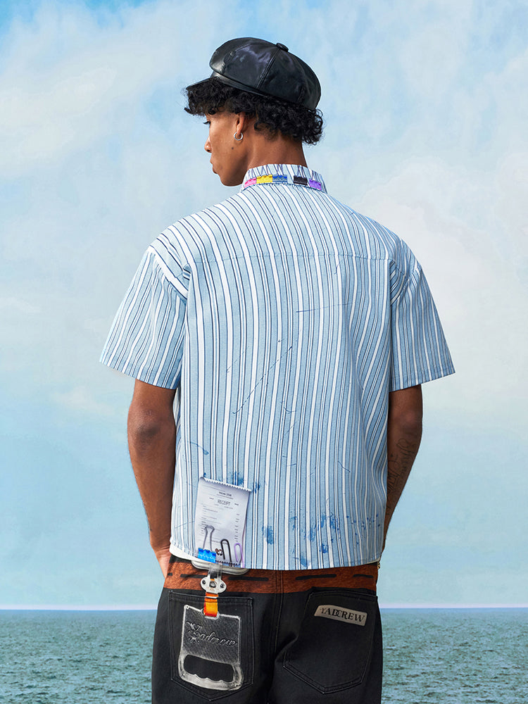 YADcrew Wavy Stripe Tie-Print Short Sleeve Shirt