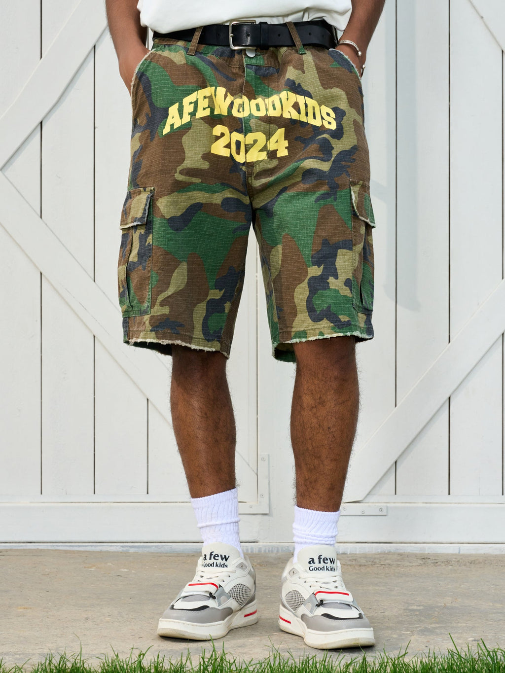 AFGK Logo Print Camouflage Destroyed Shorts