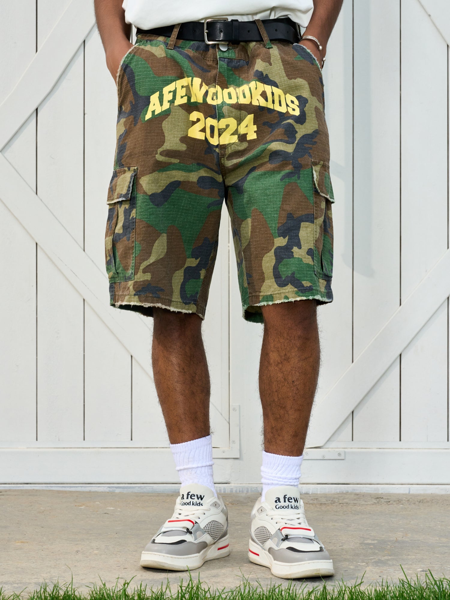 AFGK Logo Print Camouflage Destroyed Shorts